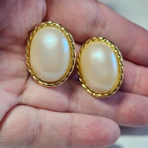Gold Tone Richelieu Faux Pearl Oval Earrings Vintage